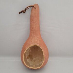 Vtg Natural Dried Gourd Birdhouse Ladle Feeder Craft Cutout Hanging Leather Cord